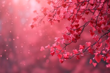 Trees with red heart shape leaves on branches. Fantasy forest, park on pink background with copy space for text