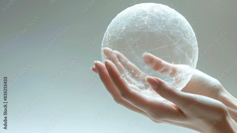 Poster Hands holding a translucent sphere with intricate connections, on a gentle gradient background, embodying the concept of connectivity. Generative AI