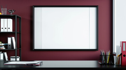 Minimalist office design showcasing a blank white frame on a maroon wall, a black desk with clean lines, and a simple bookshelf with color-coordinated items.