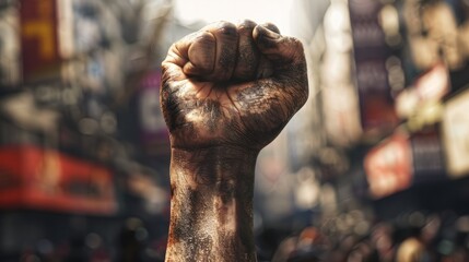 A raised fist of a protestor at a violent political demonstration