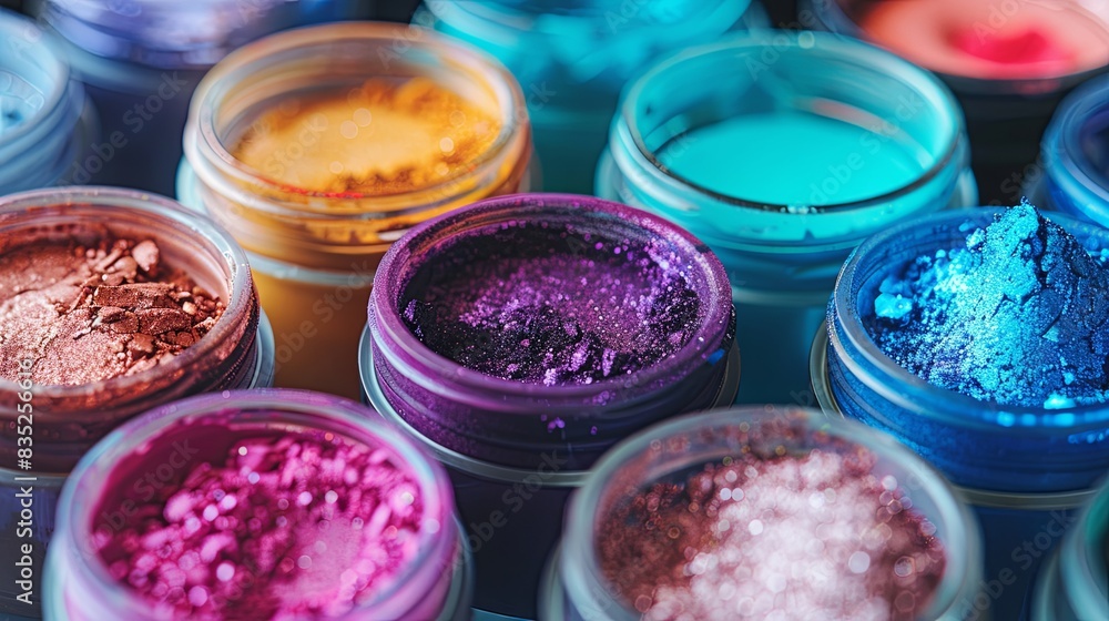 Poster A close-up view of assorted colorful makeup pigments and powders in small jars, arranged artistically. Generative AI