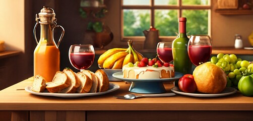 A table with food arranged in a row - bread, a bottle of wine, a cake, fruits, vegetables, and a jug with juice. Cartoon 3D style
