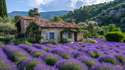 A picturesque stone cottage nestled in a vibrant lavender field, surrounded by lush greenery and bathed in warm sunlight.

