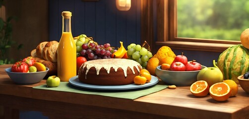 cake with candles arranged on table, A table with food arranged in a row - bread, a bottle of wine, a cake, fruits, vegetables, and a jug with juice. Cartoon 3D style
