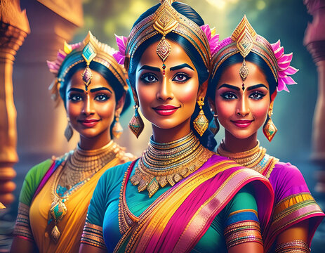 Indian queens  dancers  women in palace dress. Colorful traditional dress with crowns and ornaments. Hindu tradition