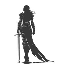 Armored Female Warrior Silhouette: Back View, Sword Leaning, Fantasy Art.