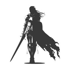 Silhouette Knight: Armored Warrior with Sword and Tattered Cape on White.