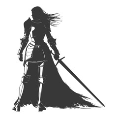 Silhouette Knight: Armored Female Warrior with Sword, Windy Hair, Monochrome.