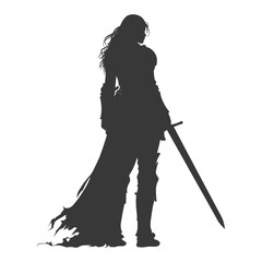 Armored Woman Silhouette: Fantasy Knight with Sword and Tattered Cape, Back View.