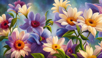 Fototapeta premium A painting of a field of flowers with a blue sky in the background. The flowers are a mix of purple and yellow, and they are arranged in a way that creates a sense of depth and movement.