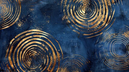 A collection of geometric markings and ink smudges in deep indigo and gold, forming concentric patterns on a canvas background