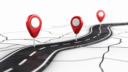 Red location markers on a winding road, digital art on a white background, concept of navigation. Generative AI
