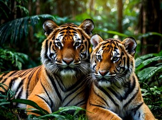 Fototapeta premium Tiger mother and tiger cub in a big forest