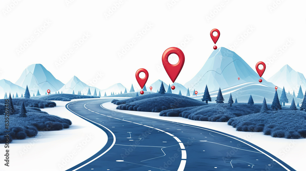 Poster a stylized image showing a winding road, red location markers, snowy landscape with trees and mounta