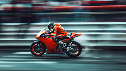 Speeding motorcycle racer in full gear on high-performance bike on a racetrack. Concept of speed, motorsport, racing competition, thrill