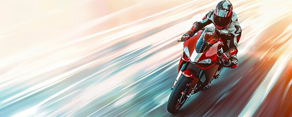 Male motorcycle racer in a tight turn on a racetrack at sunset. Professional motorcyclist. Concept of speed, adrenaline, racing sport, thrill