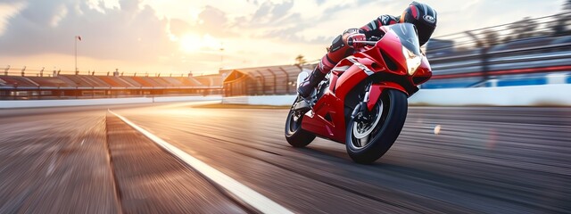 Male motorcycle racer in a tight turn on a racetrack at sunset. Professional motorcyclist. Concept of speed, adrenaline, racing sport, thrill