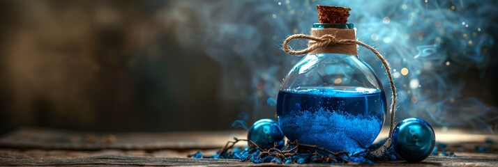 fairy potion bottle with blue liquid and a corked top on a table with blue ornaments around it and a string of twine