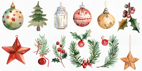 a watercolor Christmas ornament set with pine, holly, mist, baubles, and a lantern