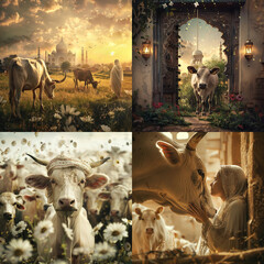 Goat Qurban Eid al adha mubarak festival islamic background, Witness heartfelt Eid celebration moments during Bakra Eid as people participate in age-old traditions, Arabic lantern design