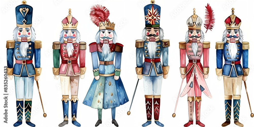 Poster a group of nutcrackers standing next to each other in different colors and sizes of uniforms and hat