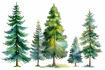 set of watercolor pine trees on white background