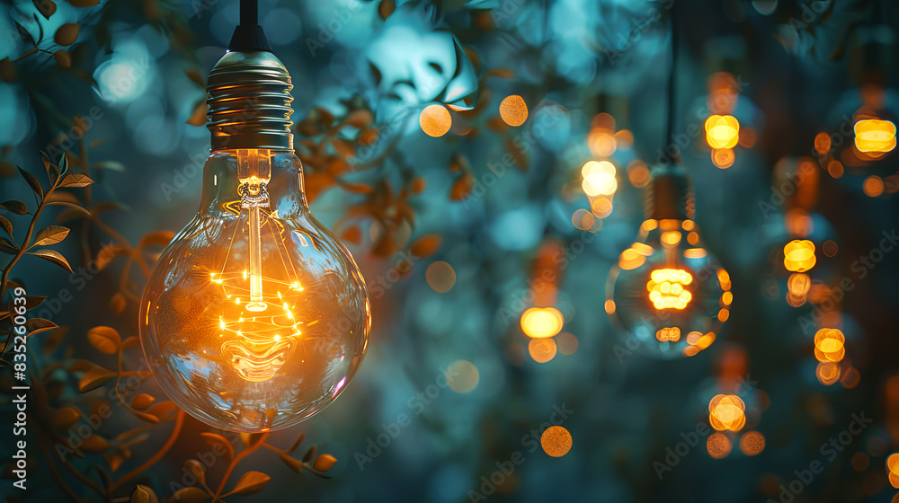 Poster illuminated light bulbs among foliage, displaying a magical atmosphere on a bokeh background, concep
