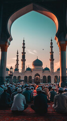 Goat Qurban Eid al adha mubarak festival islamic background, Witness heartfelt Eid celebration moments during Bakra Eid as people participate in age-old traditions, Arabic lantern design