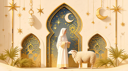 Goat Qurban Eid al adha mubarak festival islamic background, Witness heartfelt Eid celebration moments during Bakra Eid as people participate in age-old traditions, Arabic lantern design