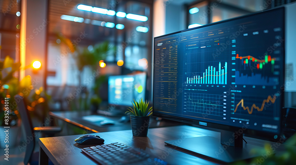 Poster Office workspace with multiple computer monitors displaying financial graphs, blue and orange tones, modern office background, concept of analytics. Generative AI