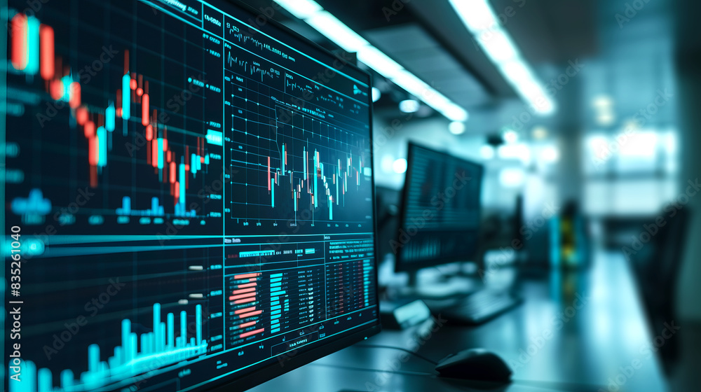 Poster A modern trading floor with multiple computer screens displaying financial data charts, set against a dark blue office background, concept of technology in finance. Generative AI