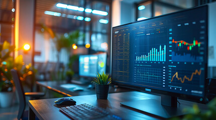 Office workspace with multiple computer monitors displaying financial graphs, blue and orange tones, modern office background, concept of analytics. Generative AI