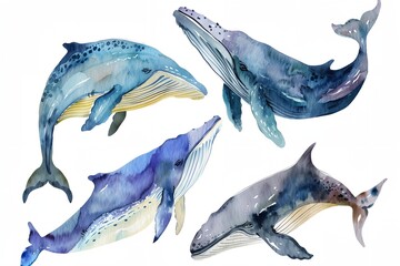 group of blue whales swimming in the ocean, watercolor illustration on white background