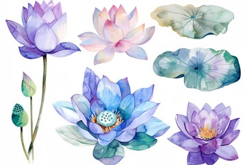 Obraz premium collection watercolor lotus flowers on white background
