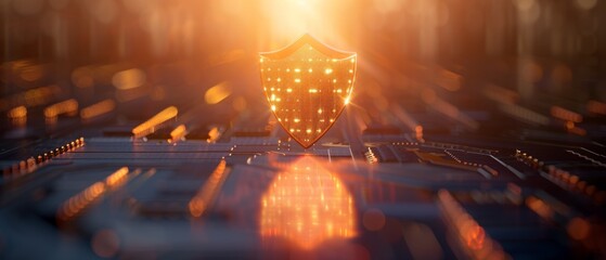 A shield icon with a checkmark, radiating light, overlaid with circuit patterns, symbolizing robust online protection, on an isolated background with space for text