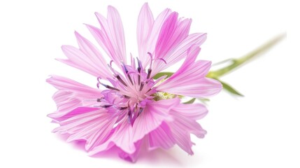Fototapeta premium A close-up of a pink cornflower with delicate petal veins, beautifully set against a white background