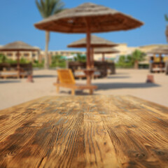 Desk of free space and summer ladnscape of beach and sea. 