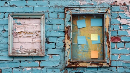 Sticky notes, window and frame with paper shapes 