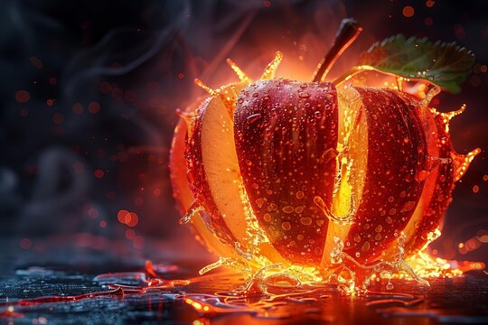 A hyper-realistic image of an anatomical Apple Slices bursting with vibrant flames