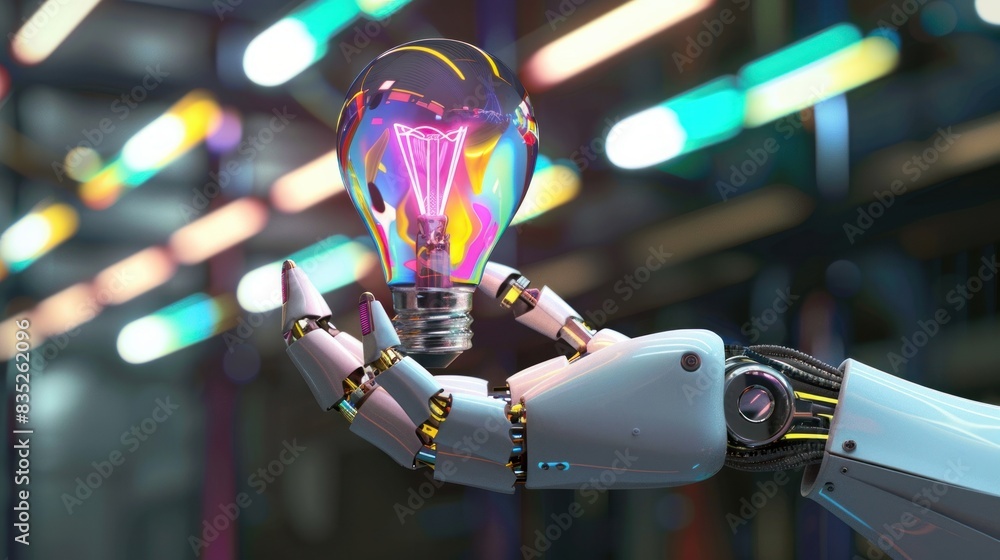 Poster depicting a humanoid robot's hand adorned with a vibrant bulb in a 3d rendition.