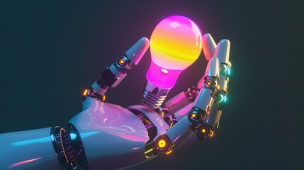 Fototapeta premium Depicting a humanoid robot's hand adorned with a vibrant bulb in a 3D rendition.