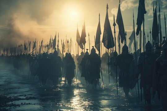 Iconic Caesar: Dramatic Cinematic Shot of Caesar and His Legion at the Rubicon River, Sun Flare Casting Symbolism on Their Momentous Crossing.

