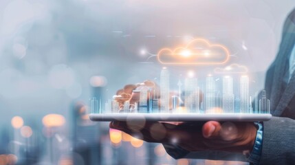 Depicting a smart city concept with skyscrapers and digital cloud technology icons on a tablet screen held by a businessman against a cityscape backdrop.