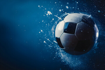 Naklejka premium A stunning close-up of a soccer ball spinning in mid-air, with a solid dark blue background