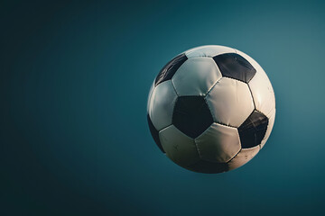 Naklejka premium A stunning close-up of a soccer ball spinning in mid-air, with a solid dark blue background