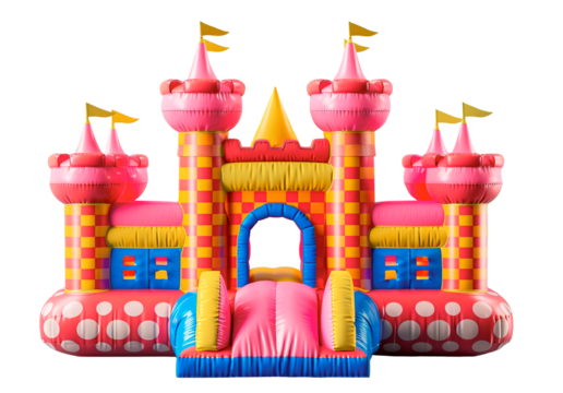 Big pink princess inflatable castle for kids over isolated white transparent background