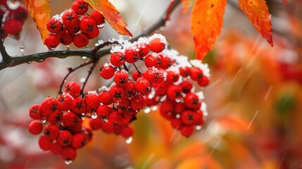 Vivid red berries on the Rowan tree in the garden glisten with raindrops and pristine white snow