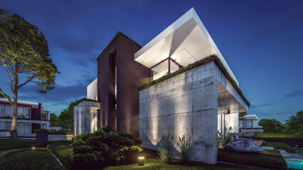3d rendering of flat roof house with parking and pool for sale or rent with concrete facade and beautiful landscaping. Clear summer night with many stars on the sky
