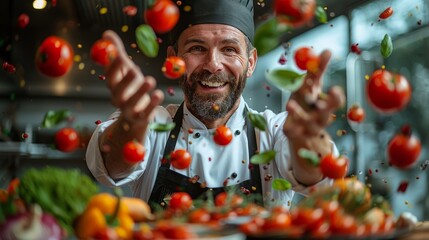 Smiling chef enjoying the whimsical scene of floating vegetables and spices, creating a magical culinary atmosphere