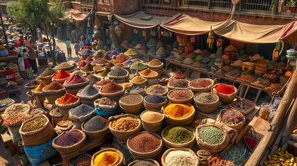 Exotic spice bazaar with rows of brightly colored condiments spread across a bustling market square